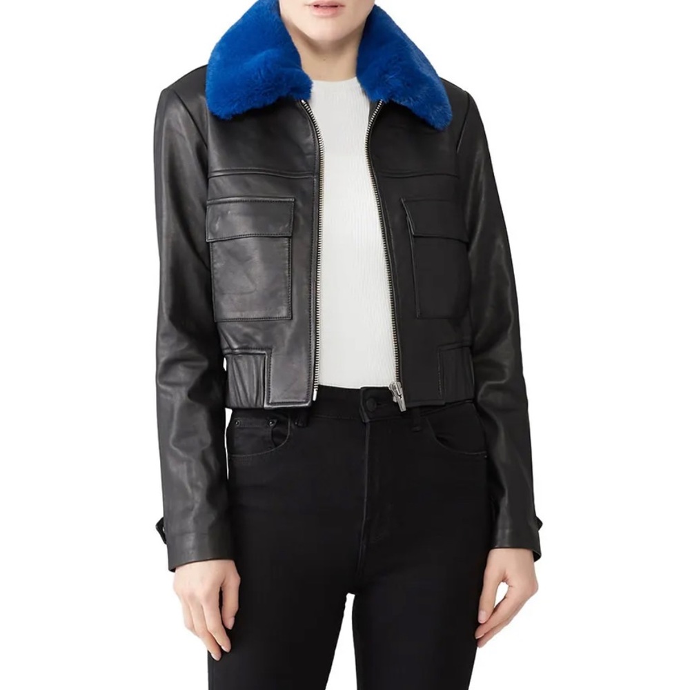 VEDA Andre Leather Jacket w/ Faux Fur Collar